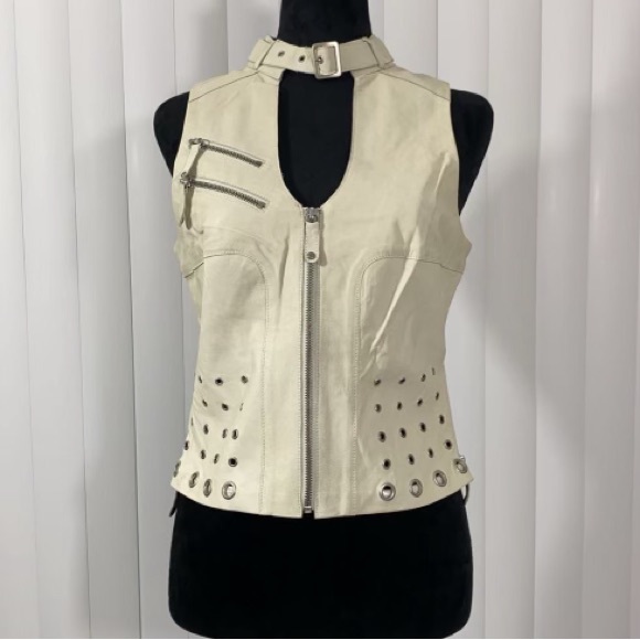 BLANC NOIR Sample Peek A Boo Leather Studded Grommet Vest Pockets Bone White S - Picture 4 of 13